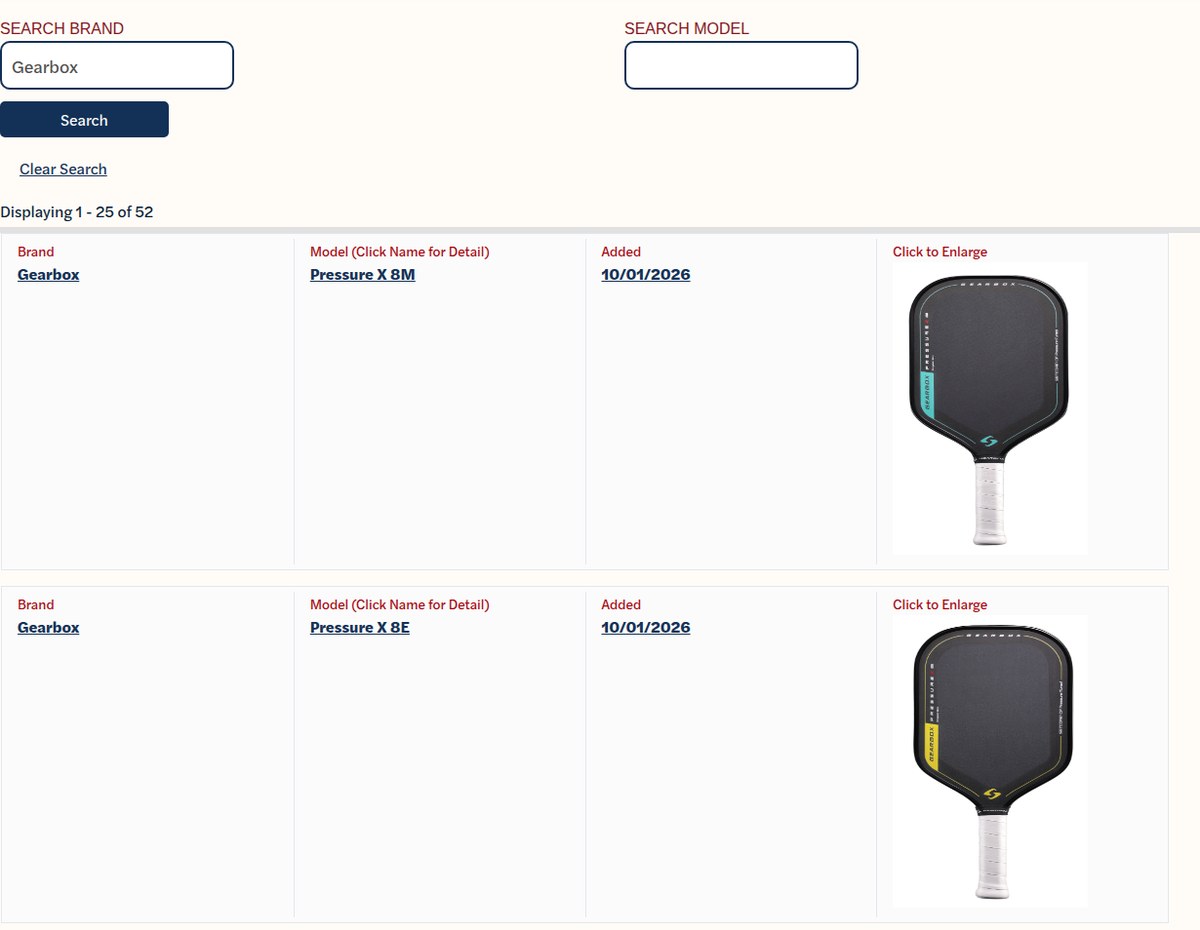Ảnh chụp trang Approved Paddle List của USA Pickleball khi tìm hãng Gearbox, hiện các dòng Pressure X 8M và 8E