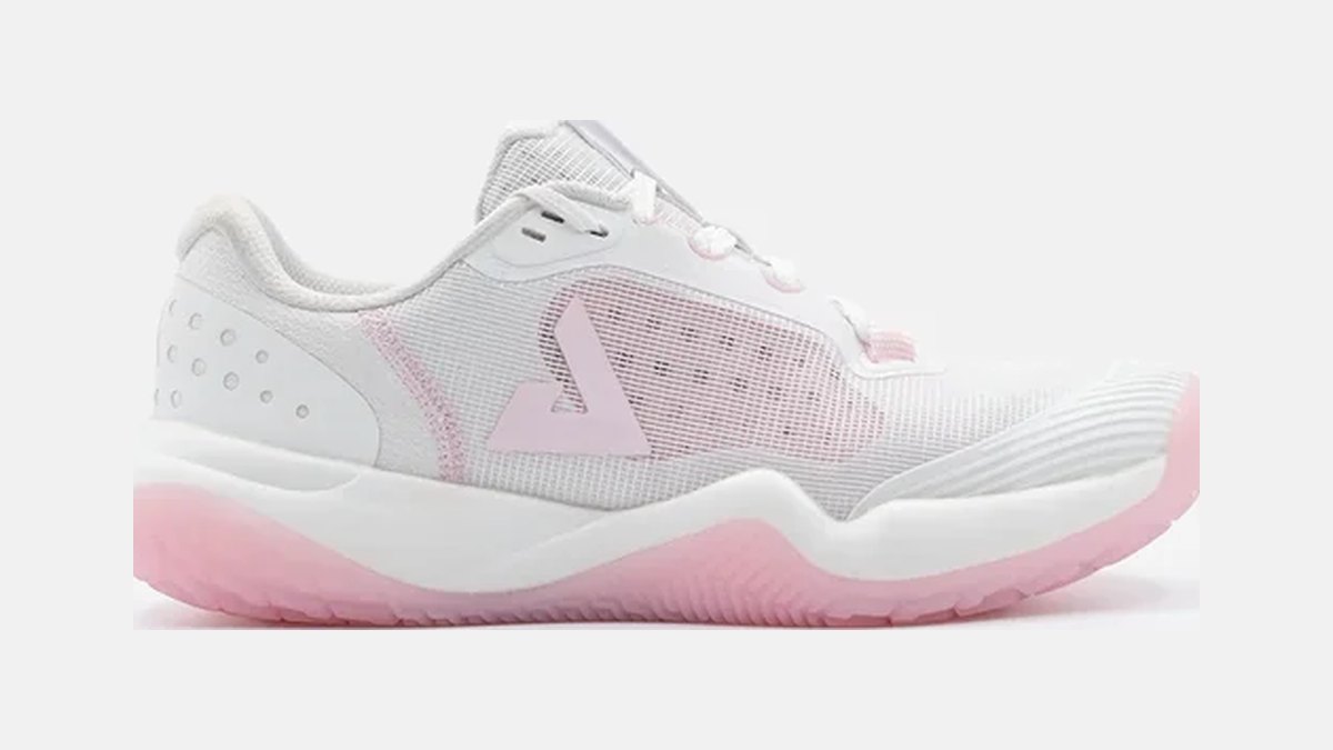 Giày pickleball nữ R4LLy White/Light Pink nhìn ngang với thân lưới trắng và đế hồng nhạt