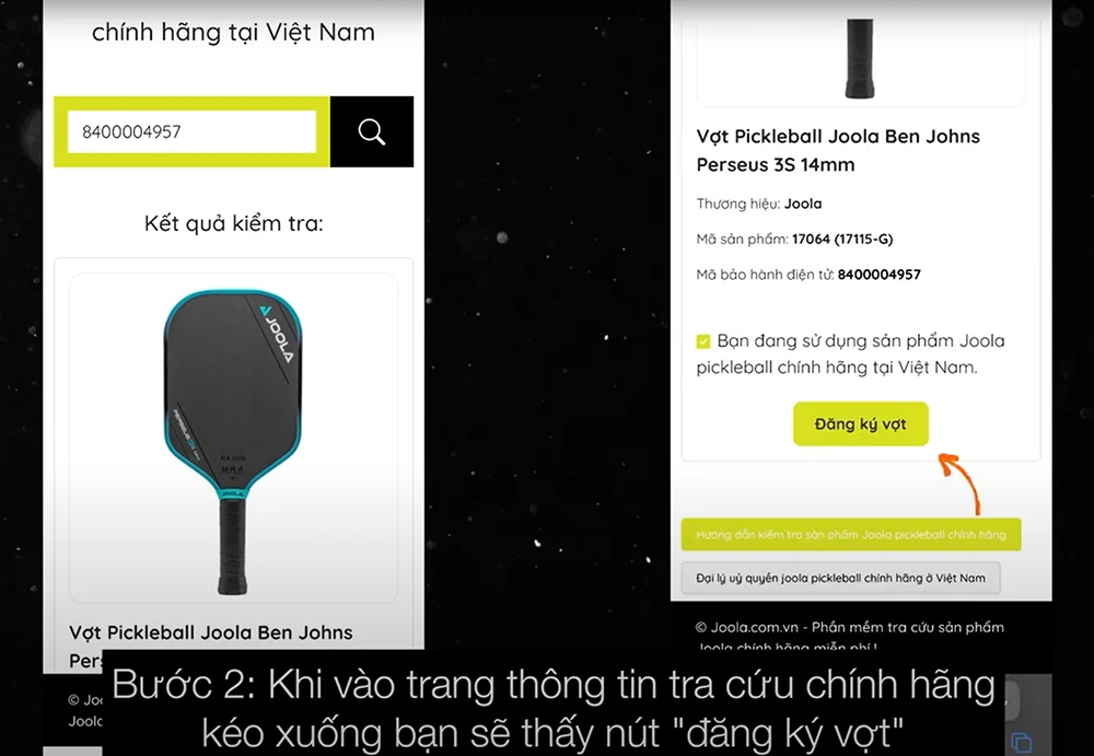 quét QR-Code và xác thực vợt pickleball Joola chính hãng