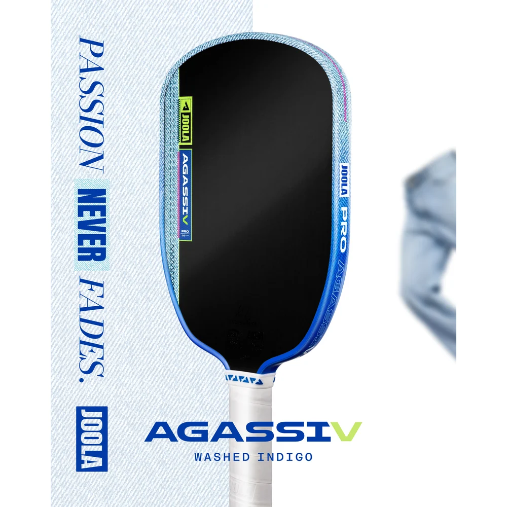 Vợt Agassi Pro V Washed Indigo đặt trên quần denim, chữ Passion Never Fades in trên nền vải