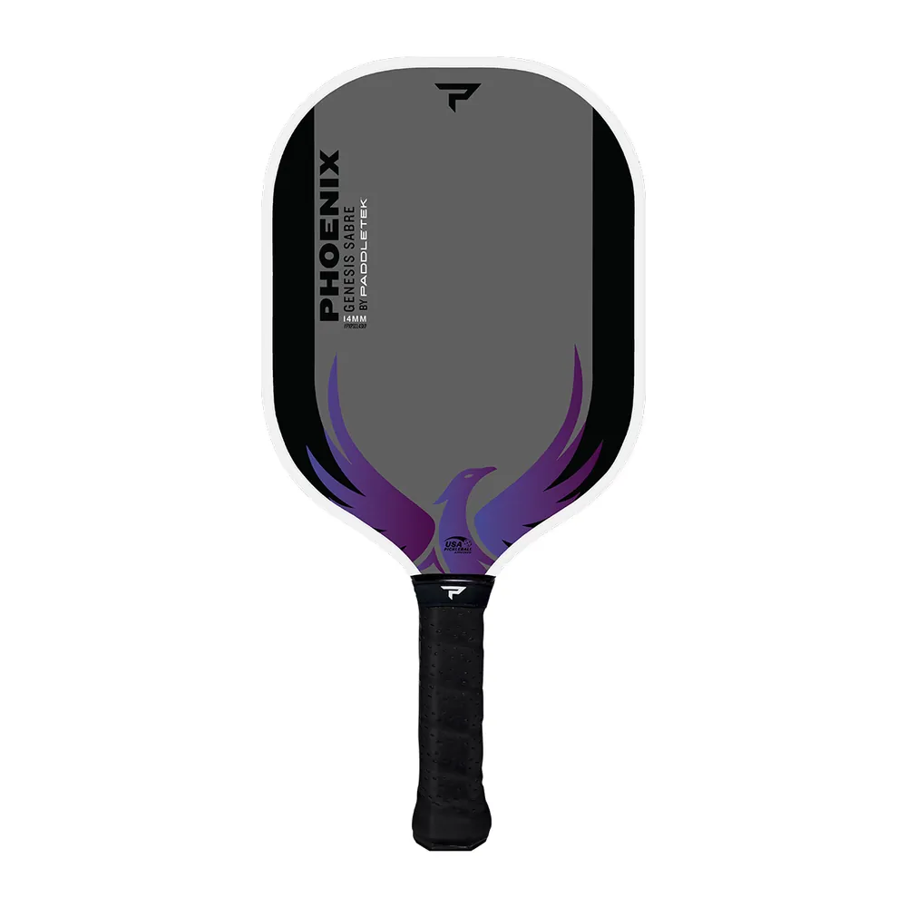 Phoenix Sabre Carbon phối Aurora nhìn thẳng: mặt xám, viền trắng, cánh phượng hoàng tím ôm cuống vợt