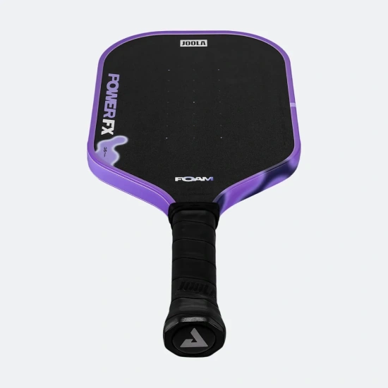 Power FX Mischief chụp chéo từ phía dưới, thấy mặt vợt và đầu cán